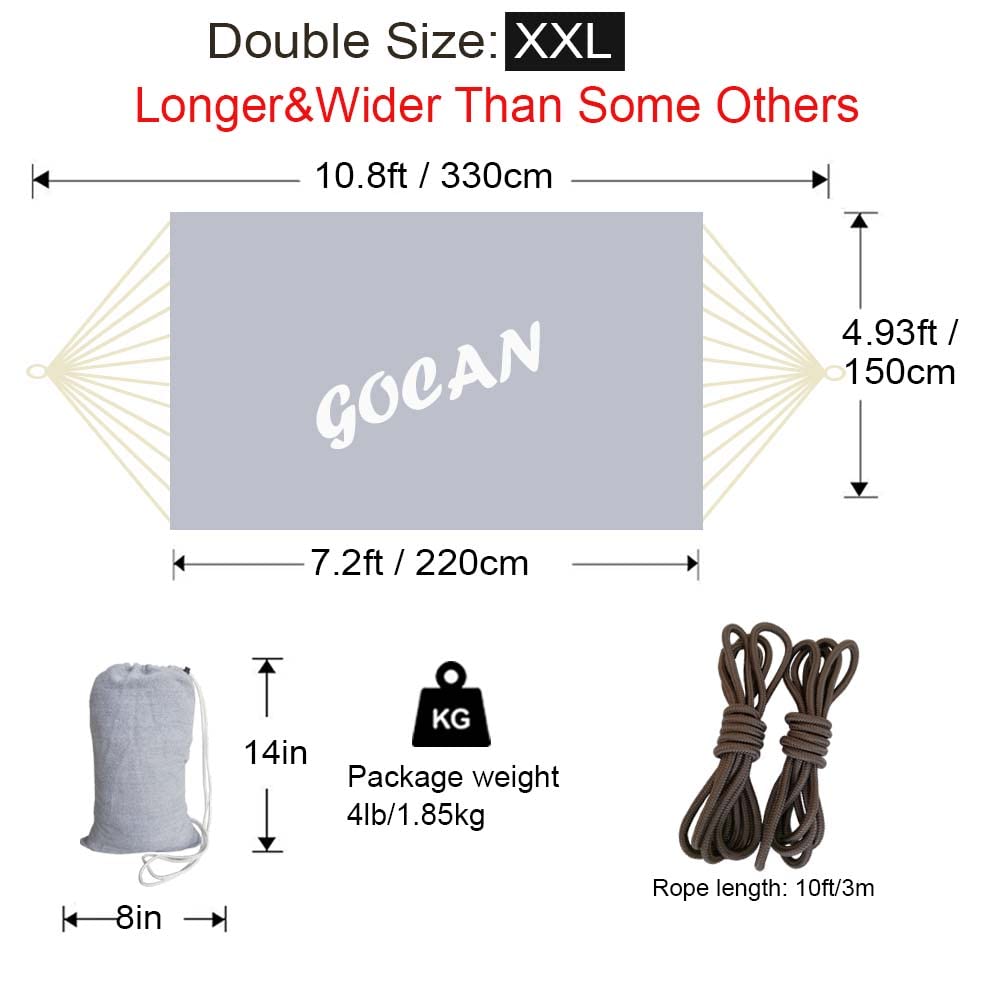 GOCAN Brazilian Double Hammock 2 Person Extra Large Canvas Cotton Hammock for Patio Porch Garden Backyard Lounging Outdoor and Indoor (Grey)