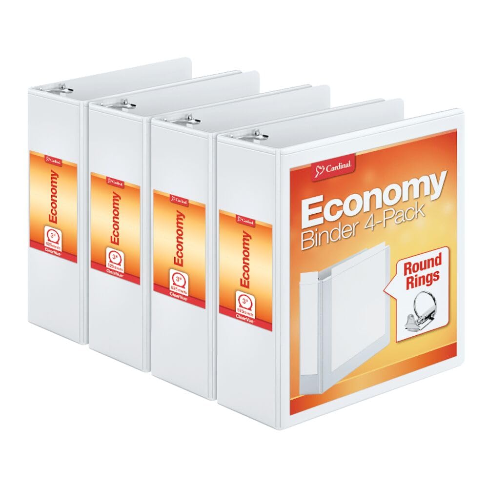 Cardinal Binders 3 Ring, 3 Inch Capacity, ClearVue Customizable Cover, White, Holds 625 Sheets, Eco-Friendly Recycled Board, Non-Stick PVC-Free, Back-Mounted Rings, 4-Pack for Office or School