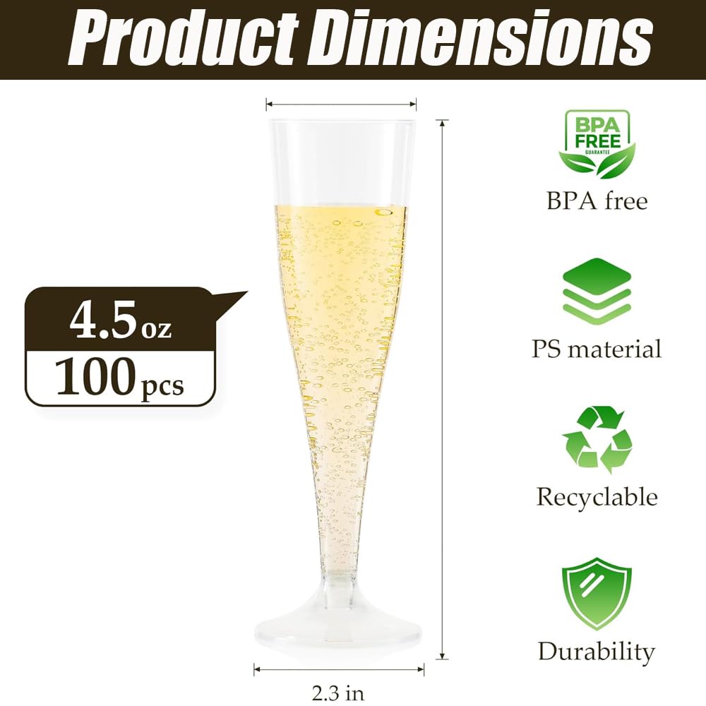 100 Pack Plastic Champagne Flutes Disposable Champagne Glasses,4.5 Oz Durable Transparent Mimosa Glasses for Parties, Weddings, Toasting and Large Celebrations