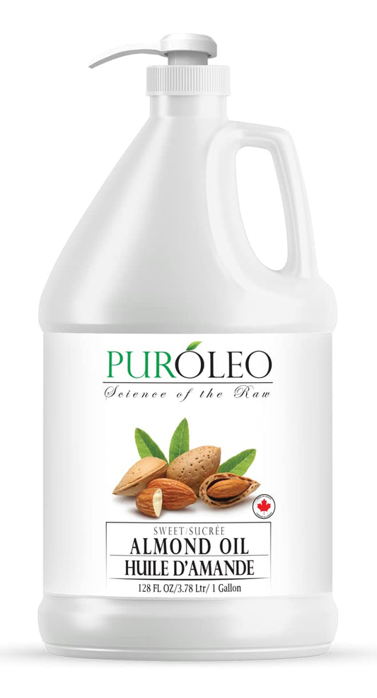 PUROLEO Sweet Almond Oil 128 Fl Oz/3784 ML (Packed In Canada) Pure Almond Oil for Skin, Hair, & Body | Organic Carrier Oil & Body Oils For Women | Almond Butter Hair Oil, Body Oil, Baby Oil, Massage Oil huiles essentielles Amande Douce Huile Massage