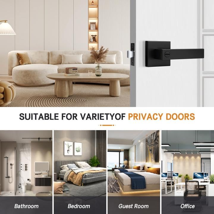 Probrico 2 Pack| Square Privacy Door Levers Matte Black Bed Bath Door Handles, Keyless Interior Door Lockset Heavy Duty Leversets for Left or Right Handed Doors