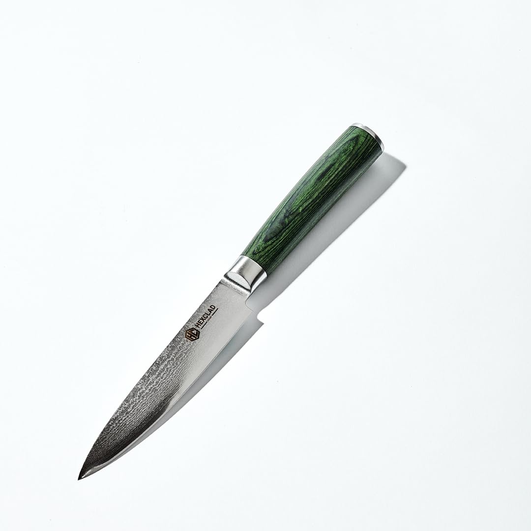 HexClad Utility Knife, 5-Inch Japanese Damascus Stainless Steel Blade Full Tang Construction, Pakkawood Handle