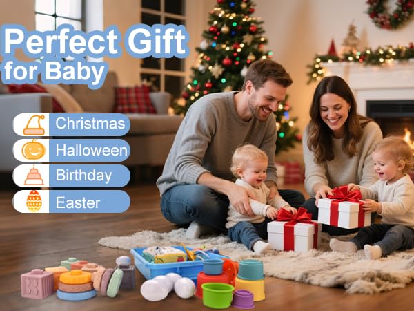 Montessori Baby Toy for 6 to12 Months,6 in 1 Montessori Sensory Toys for 1 Year Old,Baby Stacking Building Block Cups & Rings,Pull String Toy Magic Tissue Box for Toddlers 6-9-12 Months Boy Girl Gift