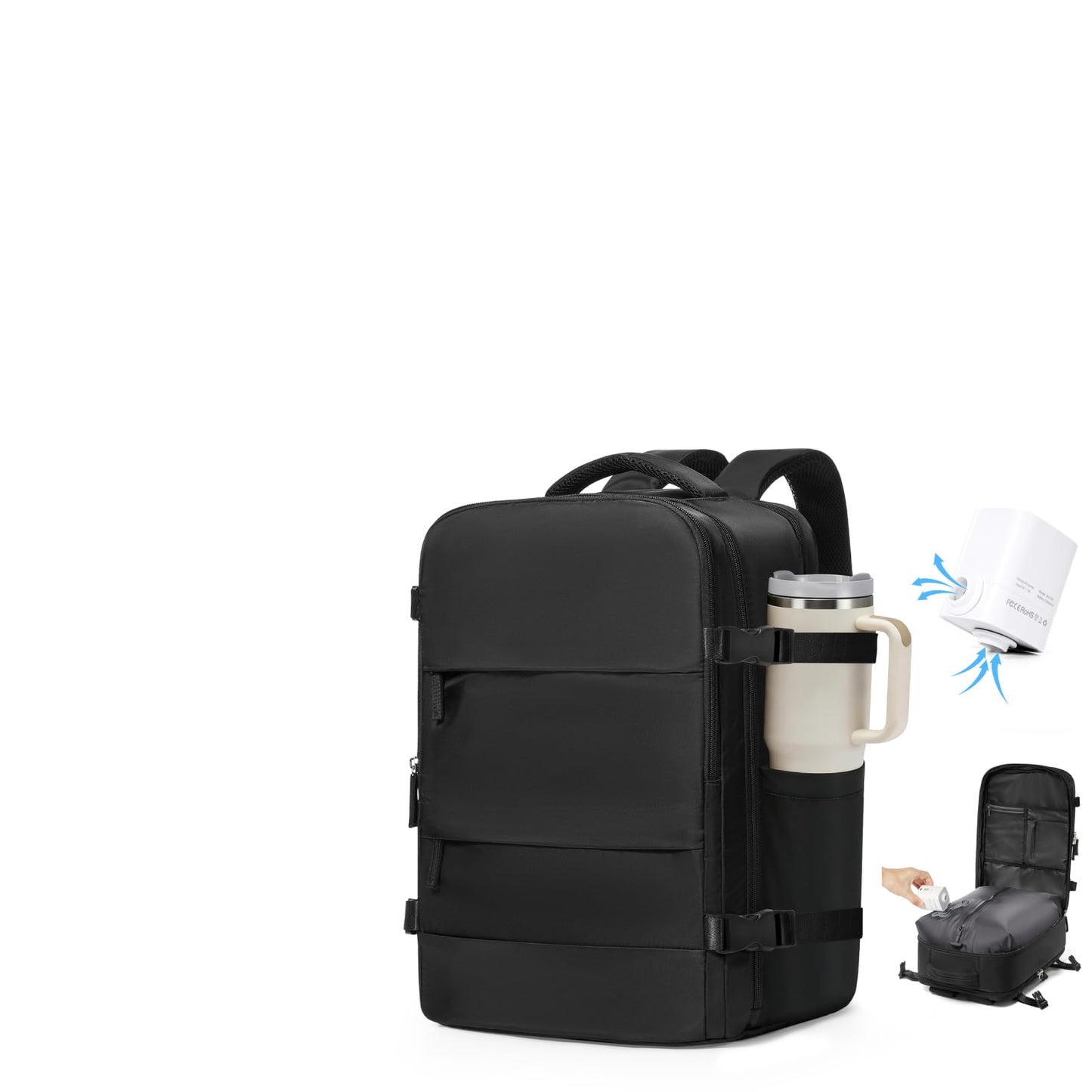 VGCUB Vacuum Backpack Travel with Pump Compression Travel Backpack with Vacuum System Weekender Waterproof Personal Item Bags for Women Men Carry on Luggage for Airplanes Black