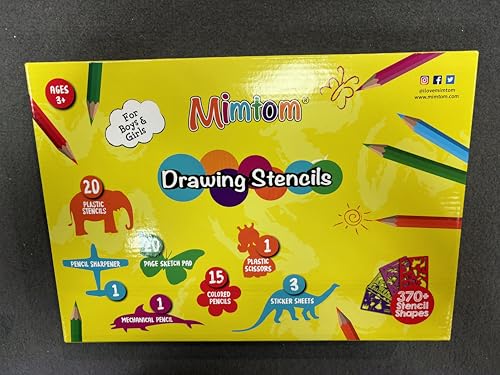Mimtom Drawing Stencils Kit for Kids | 20 PC Stencil Set with 370+ Shapes Animals, Dinosaurs, Flowers, Letters & Numbers | 15 Colored Pencils, Pencil Sharpener, Sketch Pad & Carrying Case