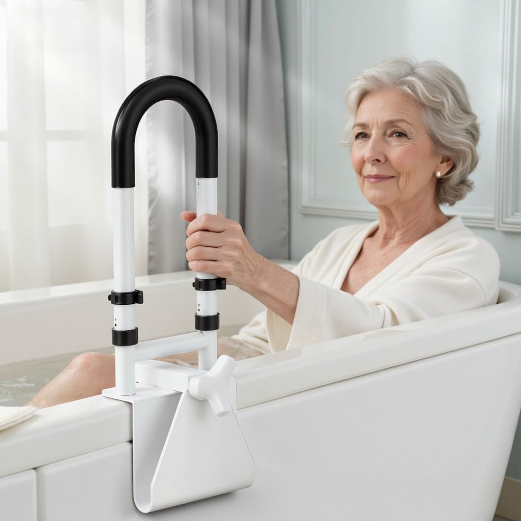 Adjustable Bathtub Safety Rail: Shower Grab Bar Handle for Seniors, Elderly, and Disabled, Fits 3.1 to 6.7 Inch Tub Walls, Bathroom Safety Bars with Non-Slip Grip, Supports 300 lbs