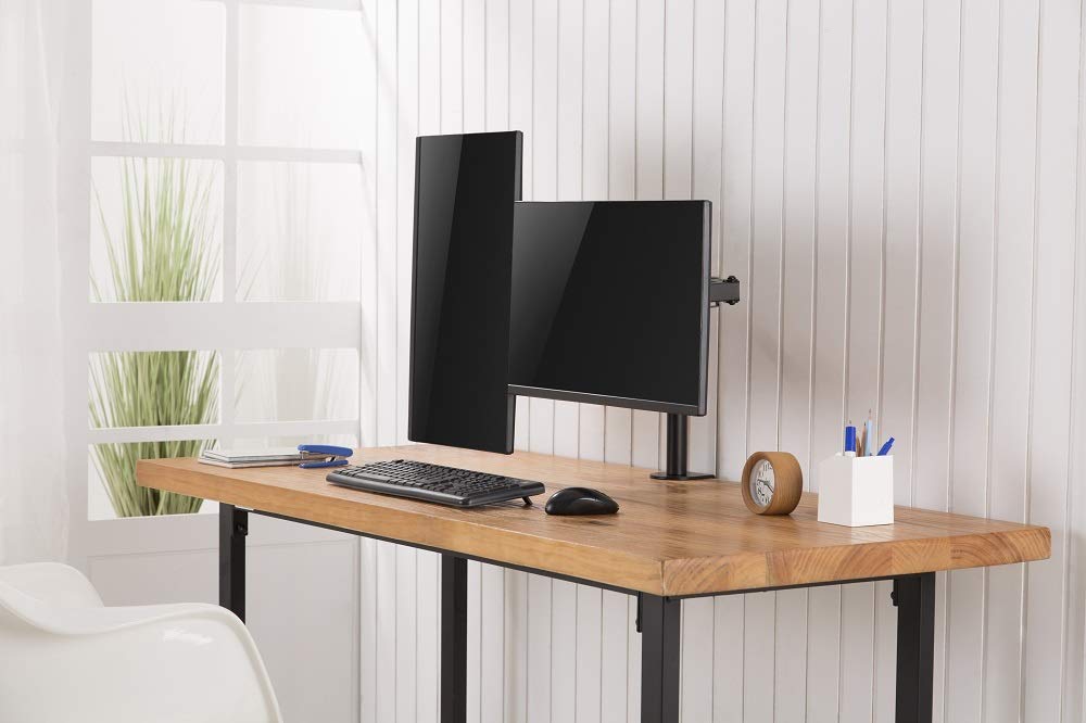 AMER Dual LCD LED Monitor Desk Mount Stand with C-clamp | Heavy Duty Fully Adjustable Arms Hold 2 Screens up to 32 inches (2EZCLAMP)