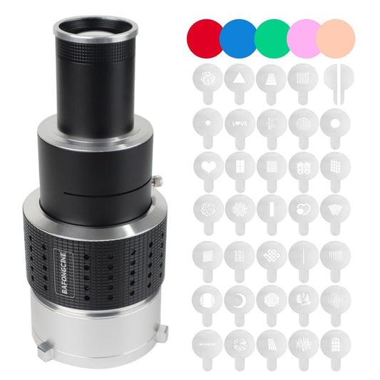BAFONGCINE Optical Bowens Mount Projector Attachment Spotlight Conical Optical Snoot Photography Kit with Color Filters Various Gobos for Aputure Amaran 100DS/XS 200XS/DS 300C/DII/X 60D/XS Godox SL60