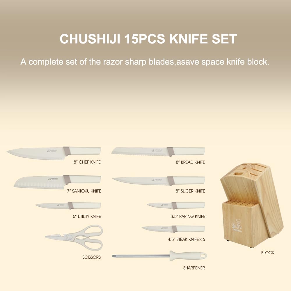 Knife Set, 15 Pieces Kitchen Knife Set with Block and Gift Sharpener, High Carbon Stainless Steel and Ergonomic Handle Knife Block Set