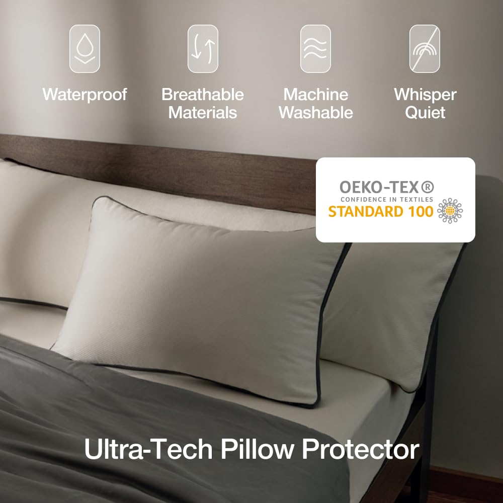 Coop Home Goods Ultra-Tech Pillow Protector for Memory Foam Pillows, Waterproof, Pack of 2 Queen Size Pillow Covers - Oeko-Tex Certified Breathable, Zippered Pillow Covers, Machine Washable, Set of 2