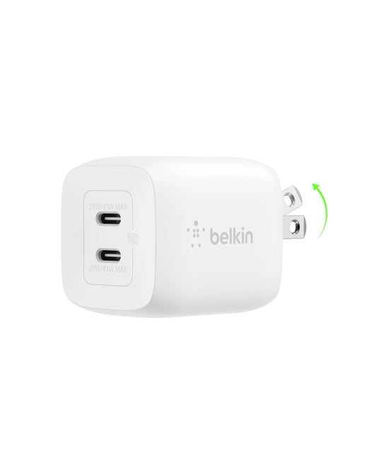 Belkin 45W Dual USB-C Wall Charger, Fast Charging Power Delivery 3.0 w/GaN Technology for iPhone 17, 16, 15, 14, Pro, Pro Max, iPad, MacBook, Galaxy S25, Nintendo Switch 2 & More - White