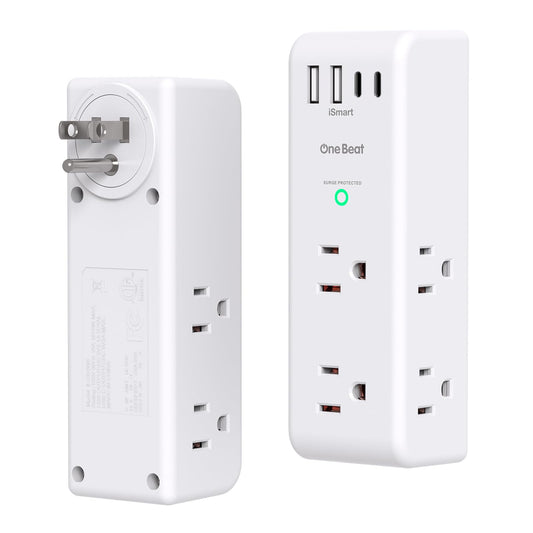 2 Pack Surge Protector Outlet Extender with Rotating Plug, 6 AC Multi Plug with 3 USB Ports (1 USB C), 1800 J, 3-Sided Swivel Power Strip with Spaced Splitter for Dorm Office, White