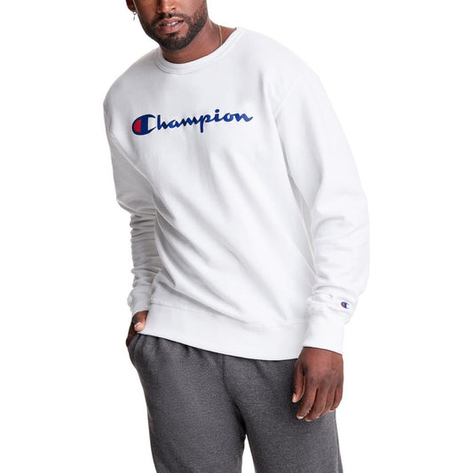 Champion Men's Sweatshirt, Fleece Midweight Crewneck Sweatshirt (Reg. Or Big & Tall), White - Classic Script Logo, Medium