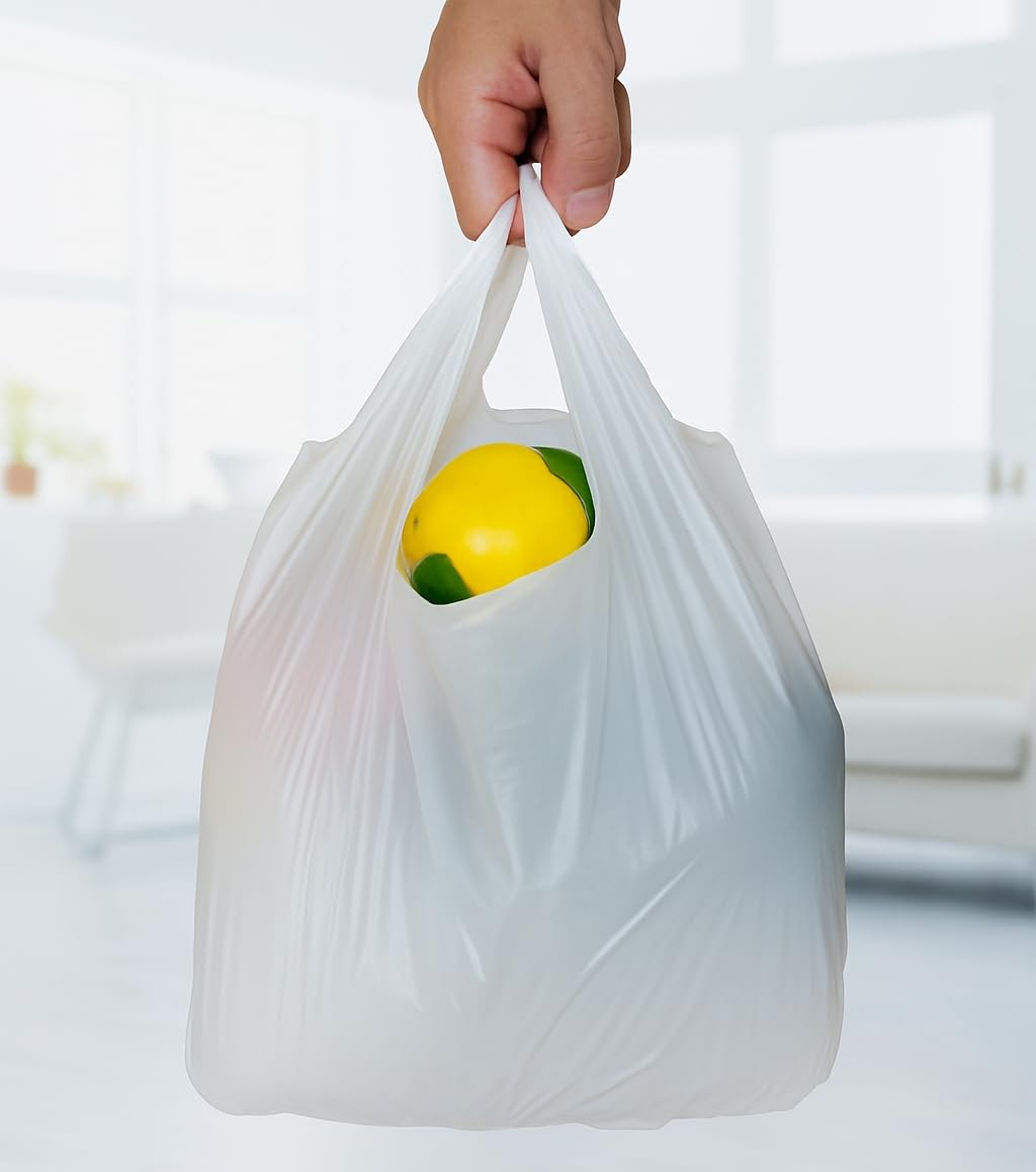 JASINCESS Plastic Bags with Handles 400 Count White T Shirt Bags Retail Plastic Bags Shopping Carrier Merchandise Bags for Supermarket, Restaurant- 400 PCS