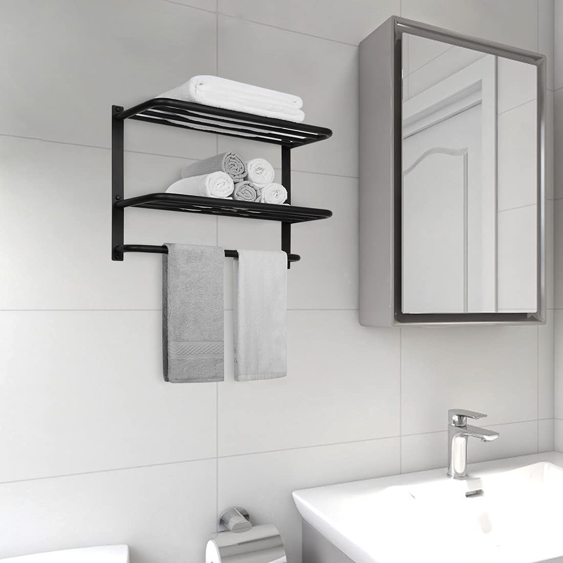 DELAM 3-Tier Bathroom Towel Rack Towel Shelf with Towel Bar, SUS 304 Stainless Steel Wall Mount Towel Holder Matte Black Finish 22.8 Inch