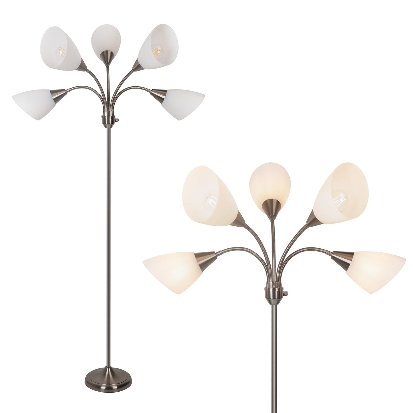HonoDing Medusa Floor Lamps Standing Lamps 5 Heads Adjustable Reading Light Large Shade Use E26 A19 Bulb Floor Lamps for Living Room Bedroom (Satin Nickel)