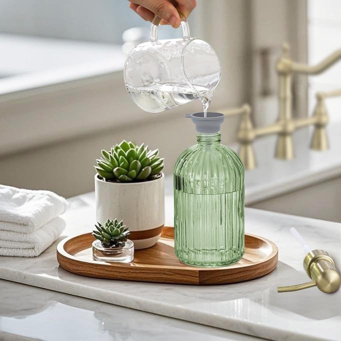 16Oz Green Glass Soap Dispenser with Rust Proof Stainless Steel Pump, Green Stripe Bathroom Hand Dish Lotion Dispensers with Brushed Gold Pump,Brushed Gold Glass Soap Dispenser2 Packs