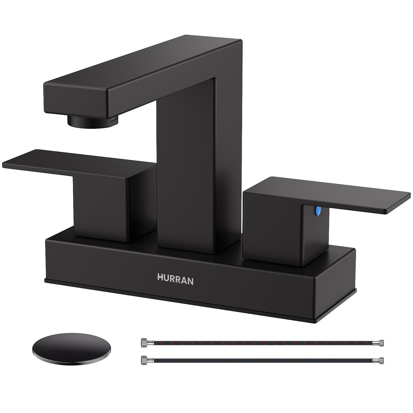 Matte Black Bathroom Sink Faucet, Hurran 4 inch Bathroom Faucets for Sink 3 Hole with Pop-up Drain and Supply Lines, Stainless Steel 2-Handle Faucet for Vanity RV Restroom