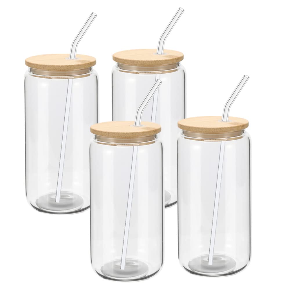 20 Pack Bamboo Lid Glasses with Straws, Can Shaped Beer Glasses, Reusable Cute Tumbler Cups for Whiskey, Iced Coffee, Tea, Soda, Cocktail, Gift, Clear 16oz