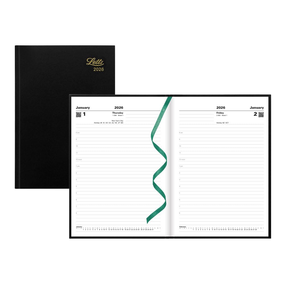 Letts of London® 2026 Standard Daily Planner, 12 Months, January to December, Day-Per-Page, A5 Size, 8.25" x 5.875", Perfect Binding, Leather-Look Cover, English, Black (C10XBK-26)