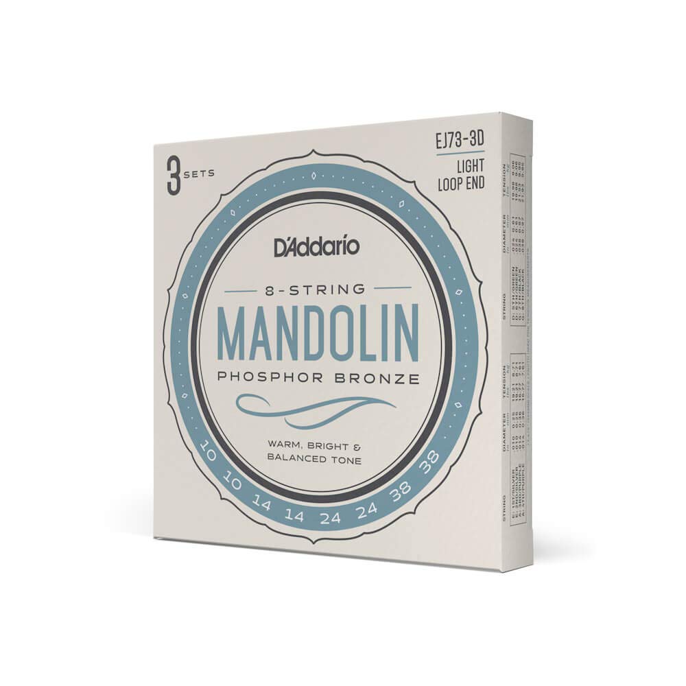 D'Addario Mandolin Strings, Phosphor Bronze, EJ73-3D, Light Gauge 10-38, 8-String Set, Pack of 3