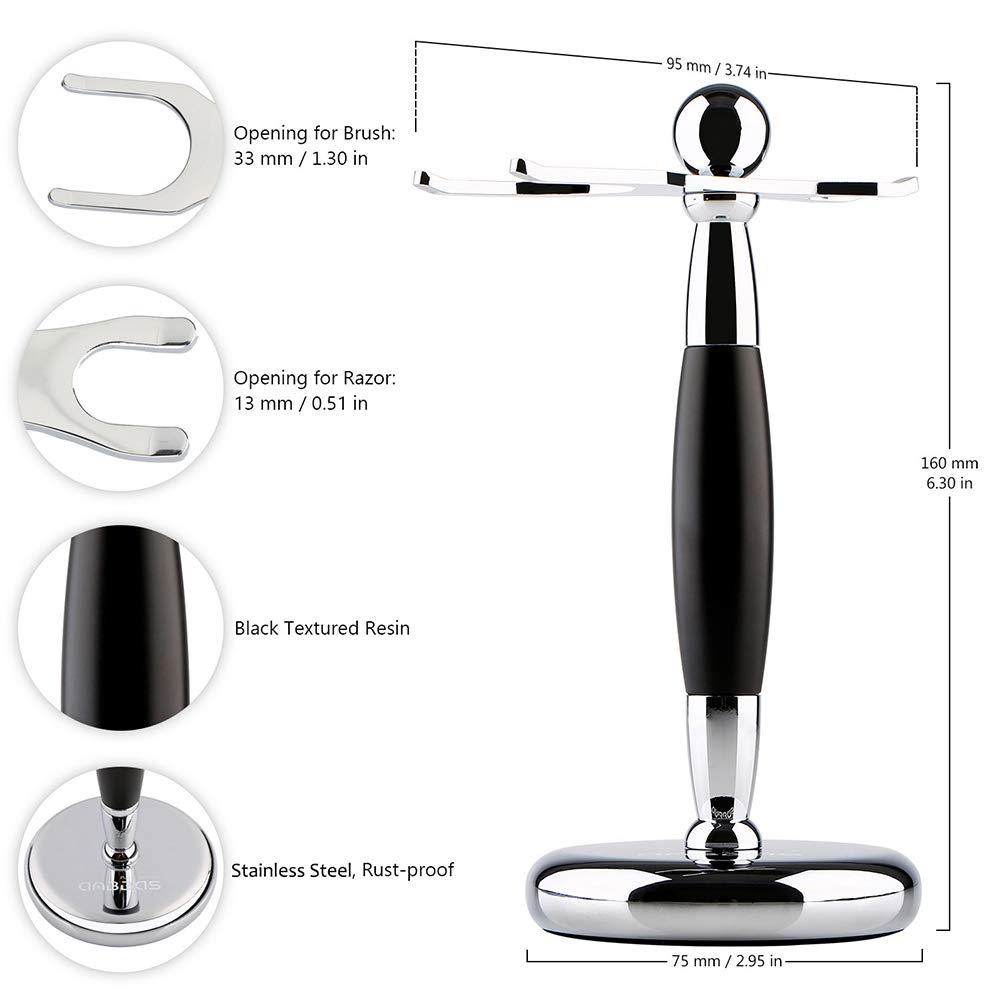 Anbbas Shaving Brush and Stand,Silvertip Badger Hair Brush Black Resin Alloy Handle with Stainless Steel Shaving Stand for Double Edge Safety Razor Straight Razor for Men