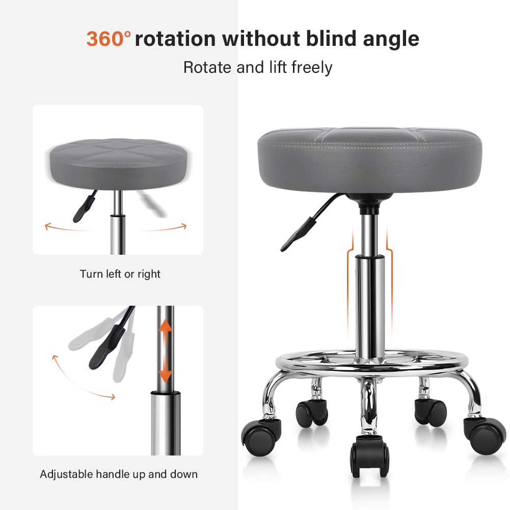 KKTONER Round Rolling Stool Chair PU Leather Height Adjustable Swivel Drafting Work SPA Shop Salon Stools with Wheels Office Chair Small (Gray)