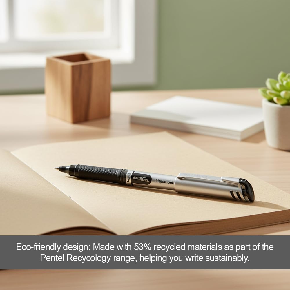Pentel EnerGel Liquid Gel Rollerball Pen with Cap to Protect Pockets, Everyday Writing, Office Supplies, School Supplies, 0.7mm Medium Point, Black Ink, BL17-A, Box of 12