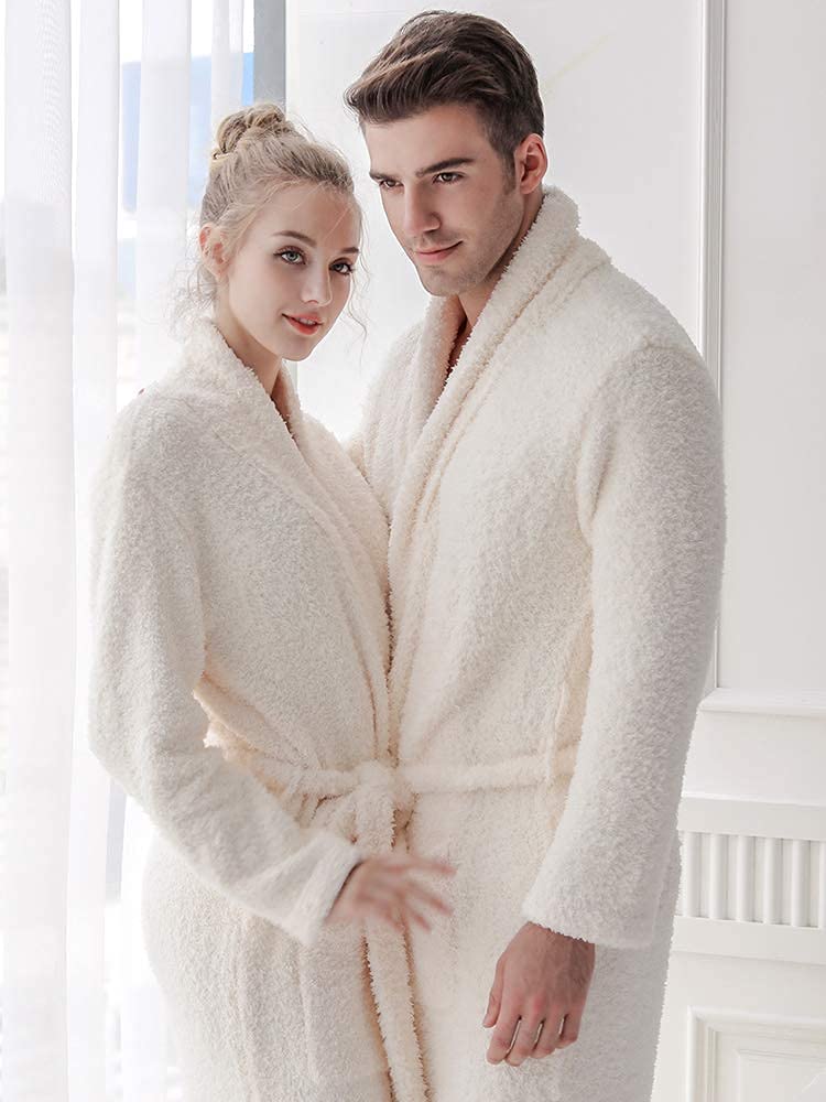 7 VEILS Women and Men Cozy Knit Stretchy Super Soft Long Robes Spa Bathrobes Comfortable Loungewear -Cream - M