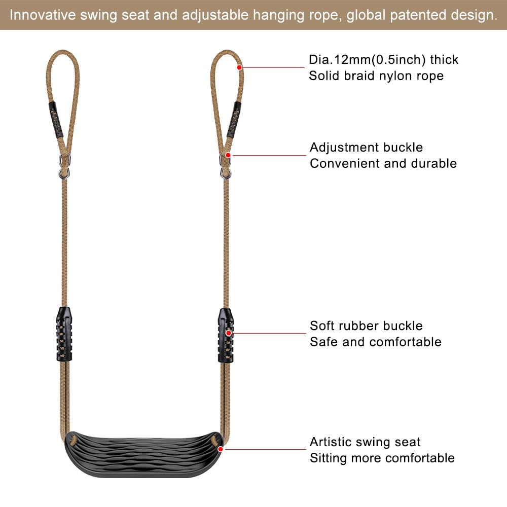 SELEWARE Non-Slip Plastic Swing Seat, Heavy Duty Tree Swing Set with Adjustable Rope & Carabiners for Kids & Adults, Outdoor/Indoor Playground Seat Replacement, Black, 2 Pack