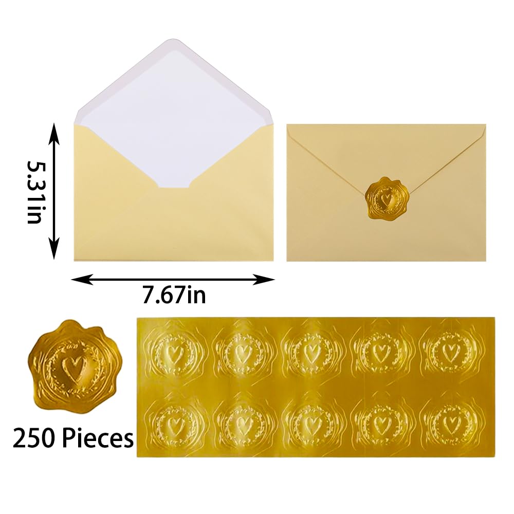 UoeRing Bulk 5x7 Self-Sealing Beige Envelopes 250 Pack - A7 (5.31×7.67in) Premium 120g Pearl Glitter Paper - Printable & Writable for Wedding Invitations,Greeting Cards - Includes Gold Stickers