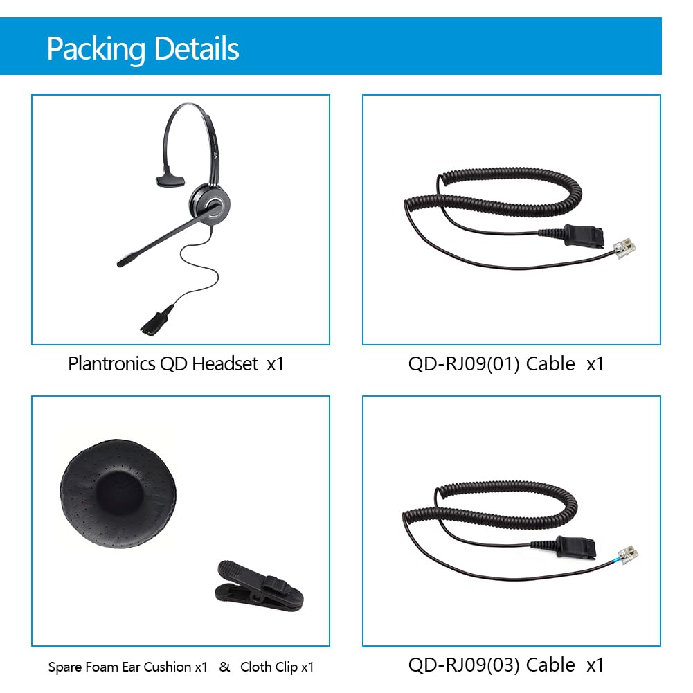 Telephone-Headset Microphone Noise-Cancelling Headphone QD - Quick Disconnect Call Center Headset with RJ09 Cables Compatible with Polycom-Yealink-GXP-Snom-Fanvil-Aastra-Mitel-Digium Phones