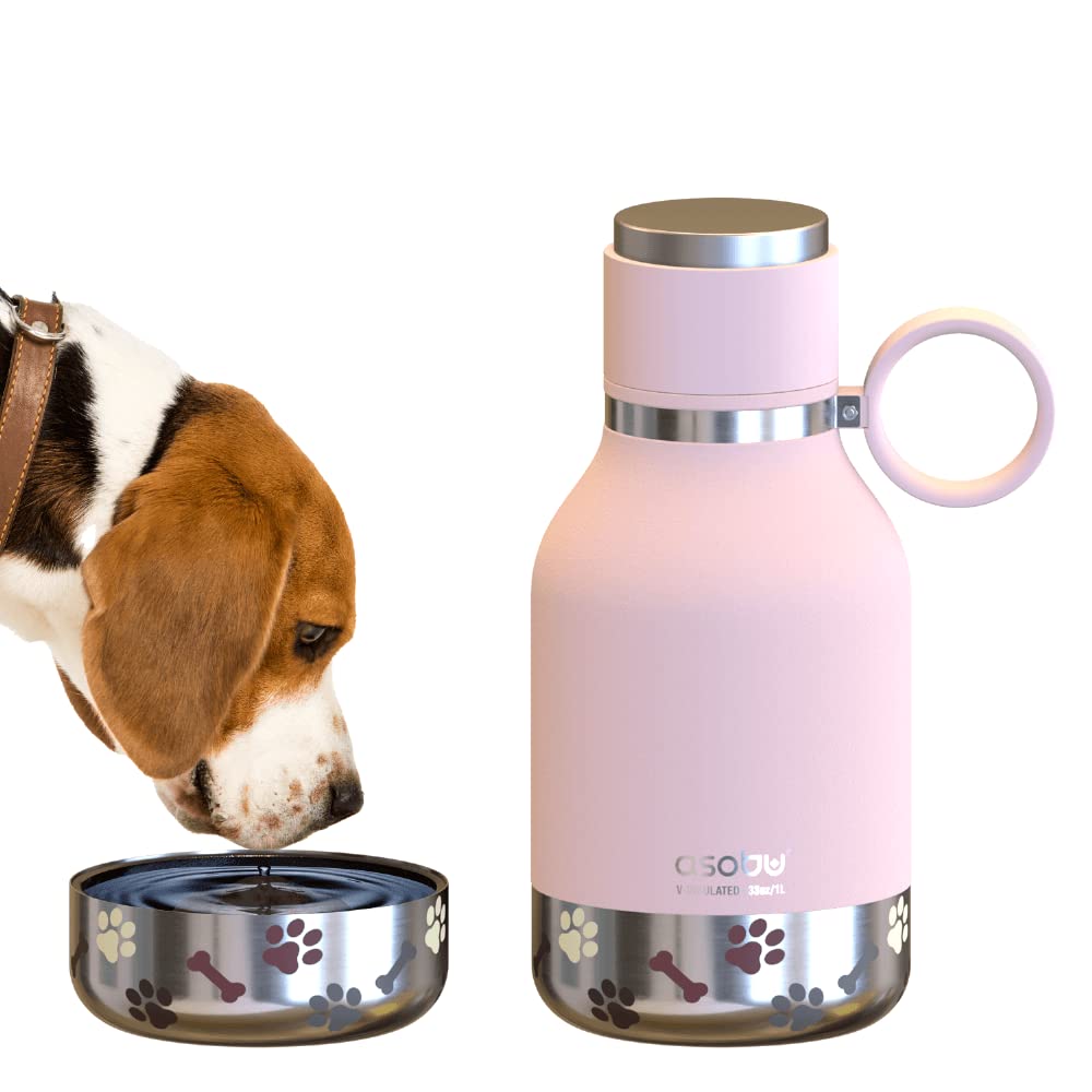 Asobu Dog Bowl Attached to Stainless Steel Insulated Travel Bottle for Human 37oz/1.1 Liter with Detachable Dog Bowl (Pink)