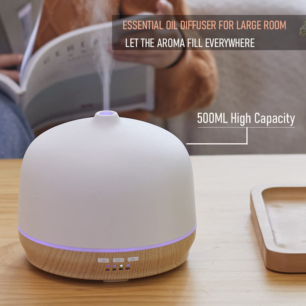 Aromatherapy Essential Oil Diffusers for Home Large Room, Ceramic Scent Air Diffuser Ultrasonic Aroma Diffuser 500ml with Timed—Wood