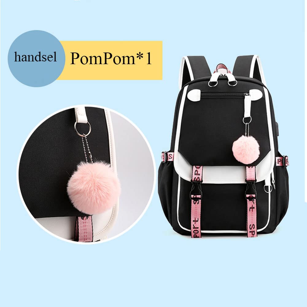Kids Backpacks For Teen Girls With USB Port, cute black backpack Can Hold 15.6in Notebook,Tablets.Girls Backpack Can Be Used As Gift for Students Or Friends(Black)
