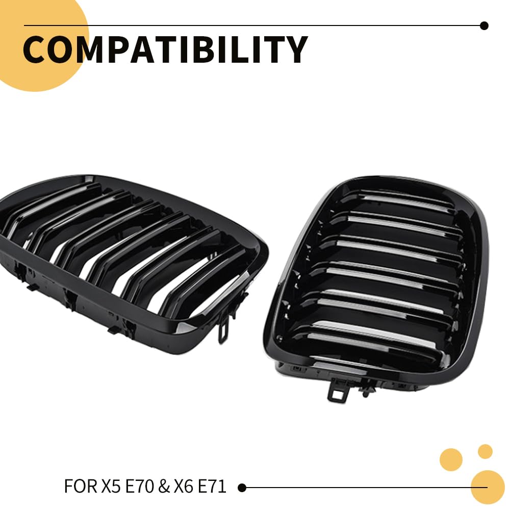MAXDOM Replacement Front Upper Grill Fit for BMW (2007-2013) X5 E70 (2008-2014) X6 E71 – Gloss Black Double Slats ABS Grille