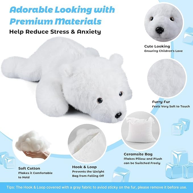 23" & 4.5 lbs Polar Bear Weighted Stuffed Animals, Cuddly & Soft Kids' Plush Toy Pillows for Companion, Large Plushies with Removable Ceramsite Bag, Gifts for Adults, Kids, Boys and Girls
