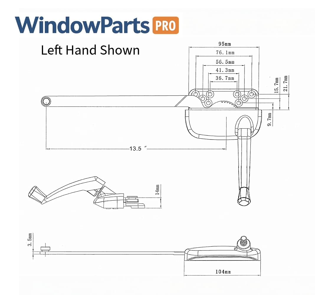 WindowParts PRO Ellura 13.5" Left Hand Casement Window Operator – White, Hardened Steel Arm & Gear, Pre-Installed Gasket, Handle & Screws