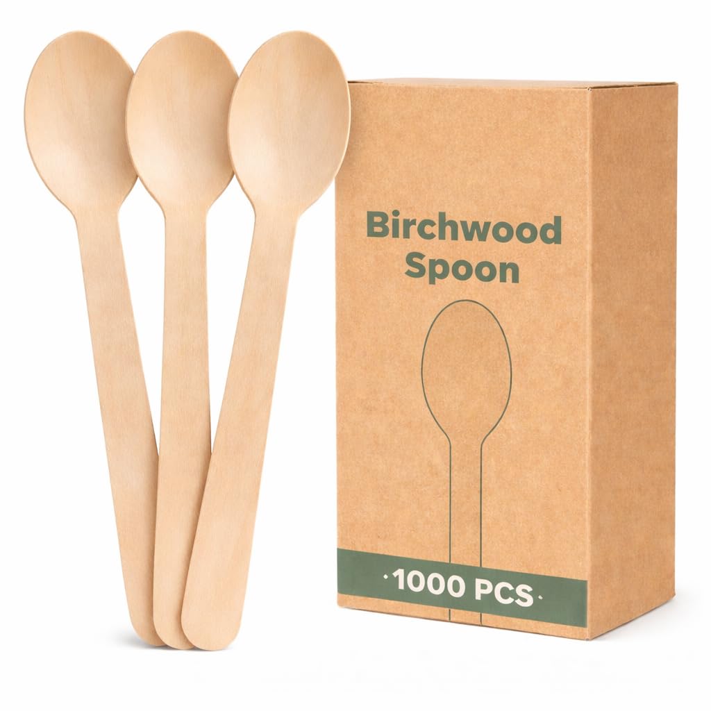 [1000 Count] Disposable Wooden Spoons, 6.3" Length | Biodegradable, Eco Friendly for Restaurant, Outdoors, Parties, and Events, Best for takeouts