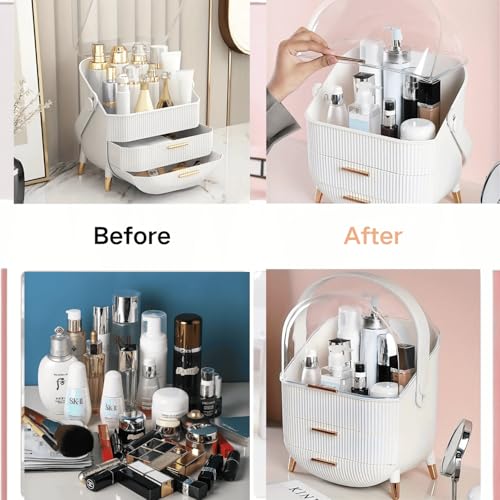 Makeup Organizer Box with Transparent dustproof Cover，Portable 3 Tier Skincare Cosmetics Organizers with Drawers Display for Bathroom, Countertop, Vanity
