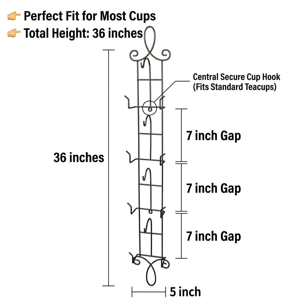 HOHIYA Wall Mounted Tea Cup Display Rack 2 Pack Vertical Metal Teacup and Saucer Holder for China Cups Coffee Mugs and Small Plates Kitchen Storage and Display Organizer Black