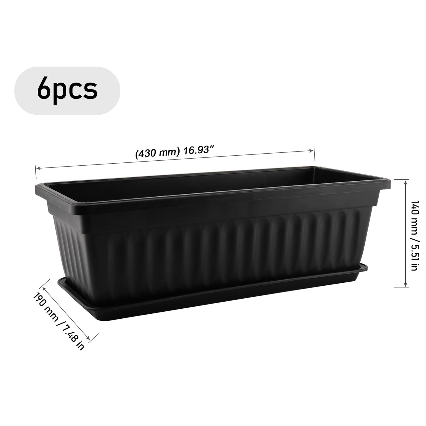 MOUYAT 6 Pcs Black Flower Window Box Planters, 17 x 7.5 x 5.5 Inch Plastic Vegetable Rectangular Flower Plant Pot with Trays and 30 Plant Labels for Garden, Windowsill, Patio, Balcony