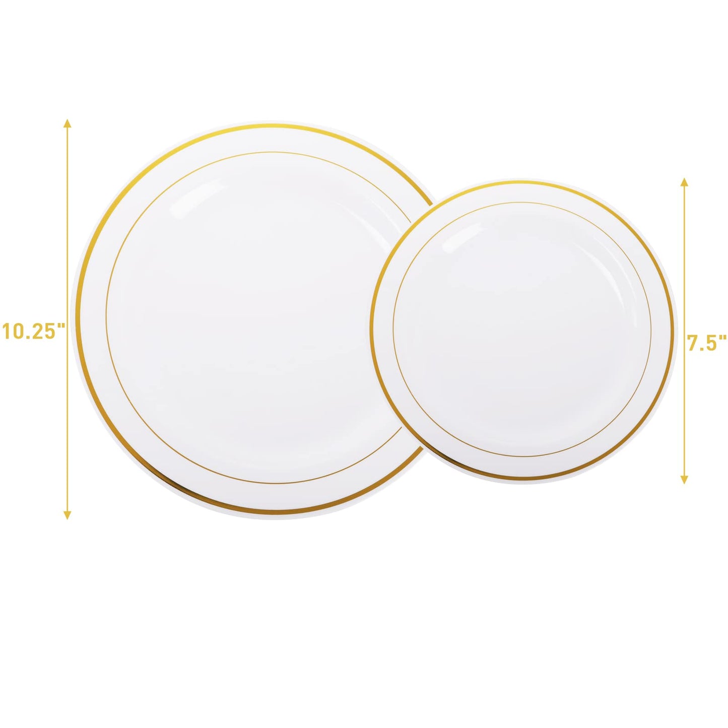 Suwimut 100 Pieces Plastic Party Plates White Gold Rim, Disposable Heavy Duty Plastic Plates Set for Parties Wedding, 50 Dinner Plates 10.25 Inch and 50 Salad Dessert Plates 7.5 Inch
