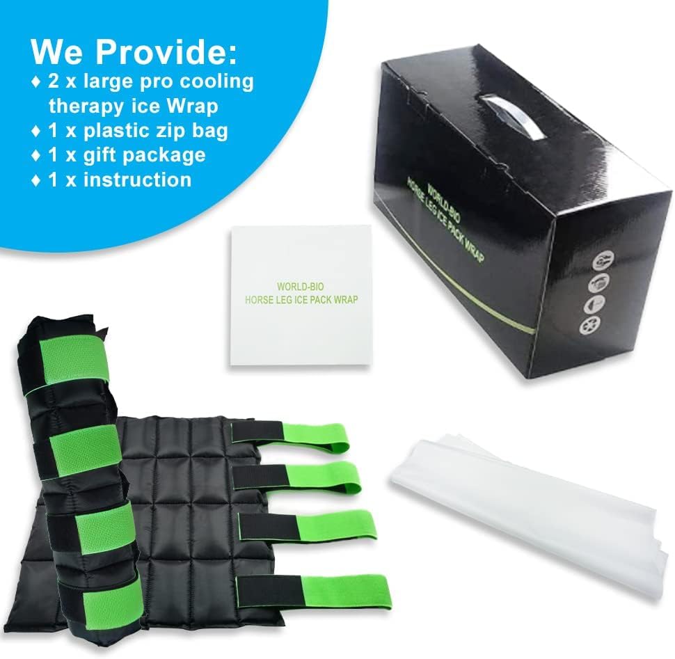 WORLD-BIO Horse Ice Boots Wraps Set of 2, Reusable Cooling Boot Wrap for Horse Injuries, Therapy Full Ice Boots for Horses with Straps, Hock, Knee and Hooves, 16.9'' x 16.2'' Green