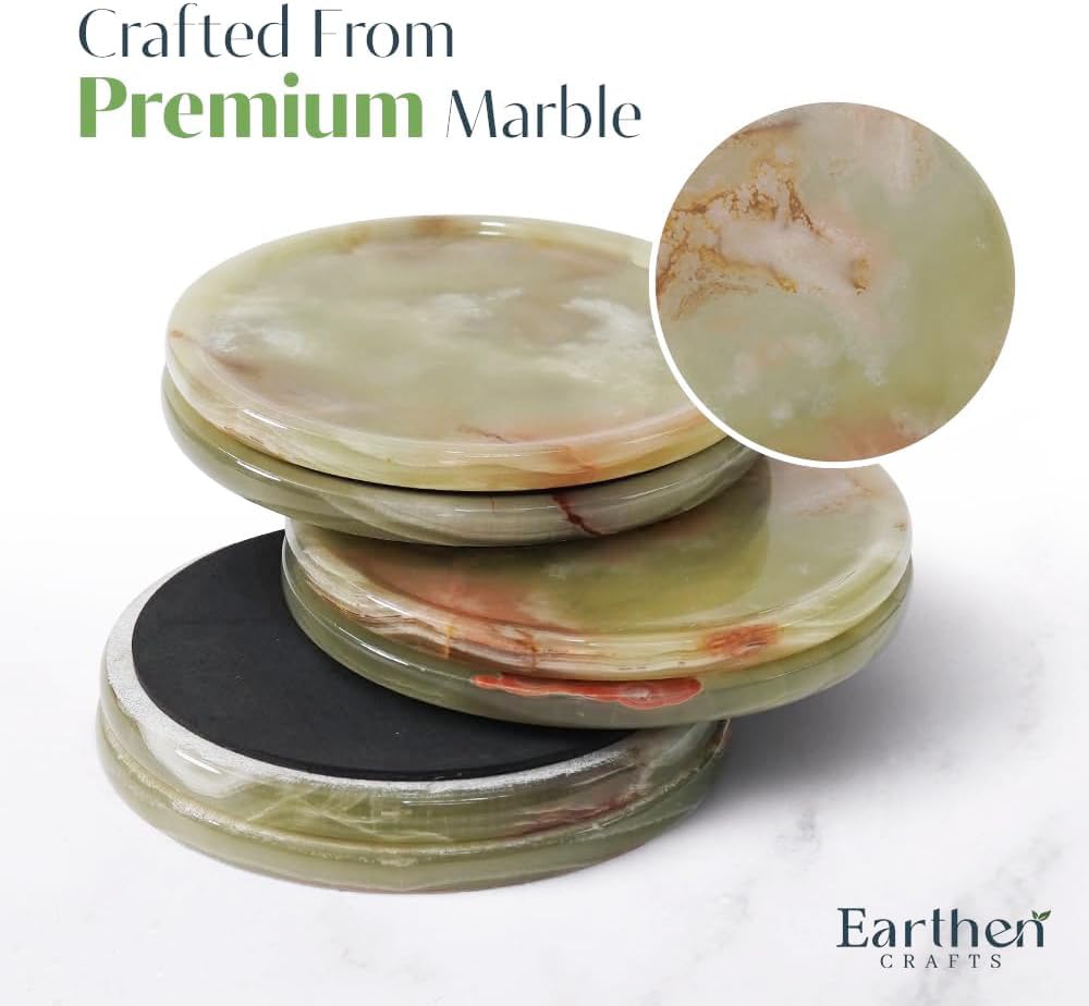Earthen Crafts Marble 3.5" Green Drink Coasters Set Pack of 6 – Round Stone Coaster with Holder & Lid for Table Countertop – Kitchen Use & Coffee Decor