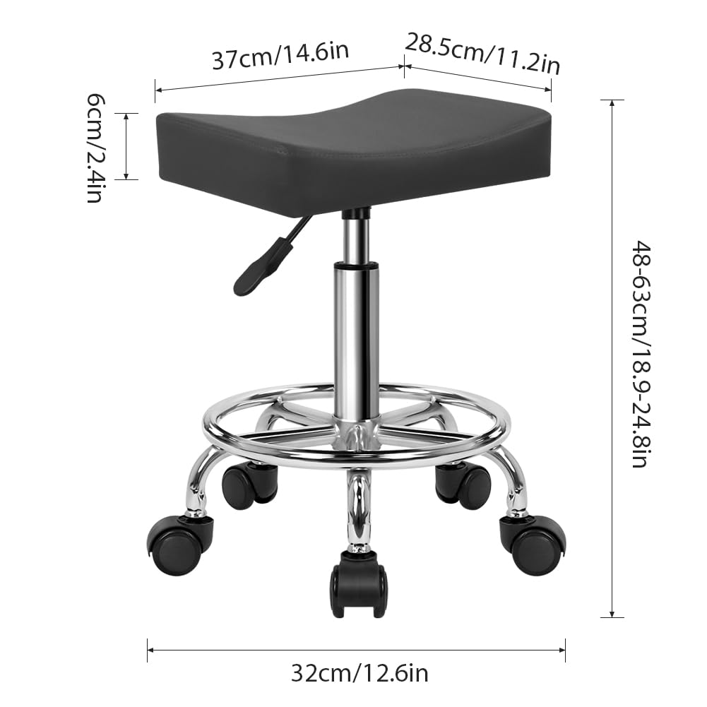 WKWKER Square Rolling Stool with Footrest PU Leather Height Adjustable 360° Swivel Stool with Wheels Massage SPA Salon Stools Task Chair Desk Drafting Bedroom Vanity Stool (Grey)