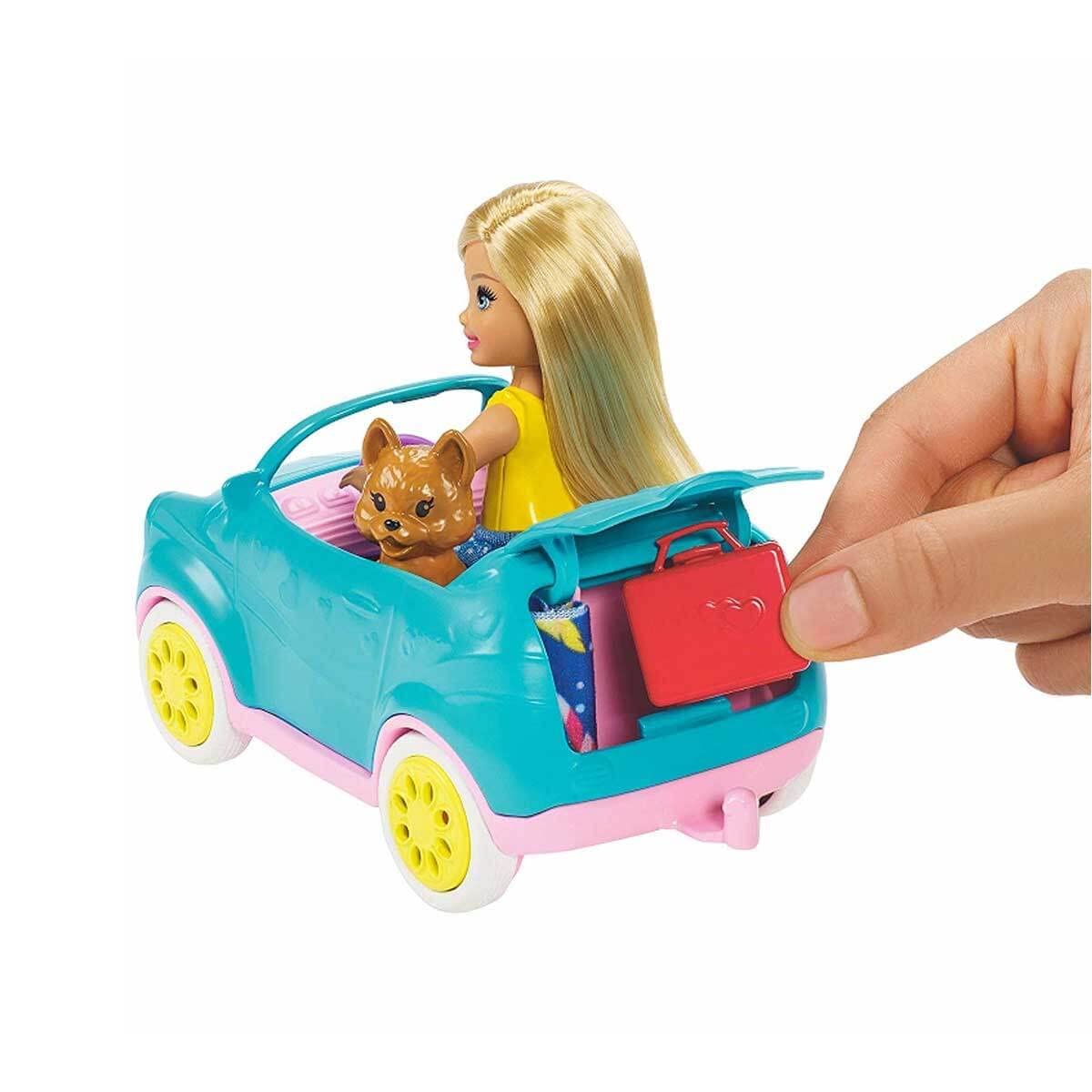 Barbie Club Chelsea Toy Car & Camper Playset, Blonde Chelsea Small Doll, Puppy & 10+ Accessories, Unhitch & Open for Campsite