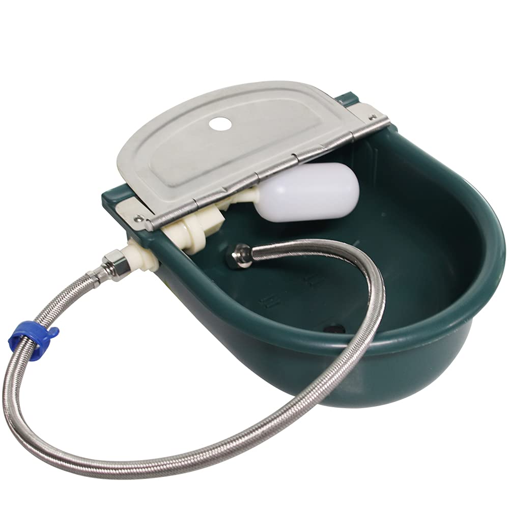 Automatic Water Bowl Plastic Livestock Stainless Steel Cover Waterer Dog Drinking Cattle Horse Drinker with Float Valve & Drain Plug & 1/2 Inch Pipe (Green)