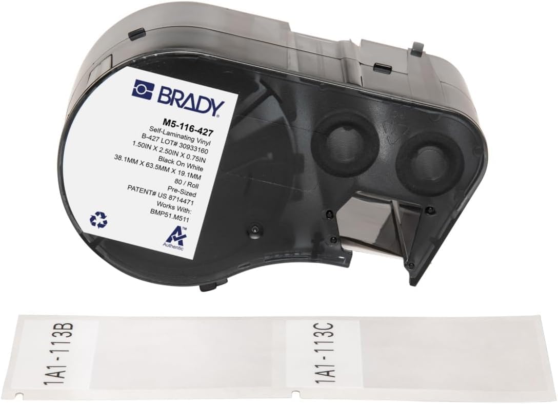 Brady Self-Laminating Vinyl Pre-Sized Labels for Label Printer BMP51/BMP53/M511-80 Self Adhesive Printer Labels - Black on White, Transparent (38,10 mm (W) x 63,50 mm (H)) - M5-116-427