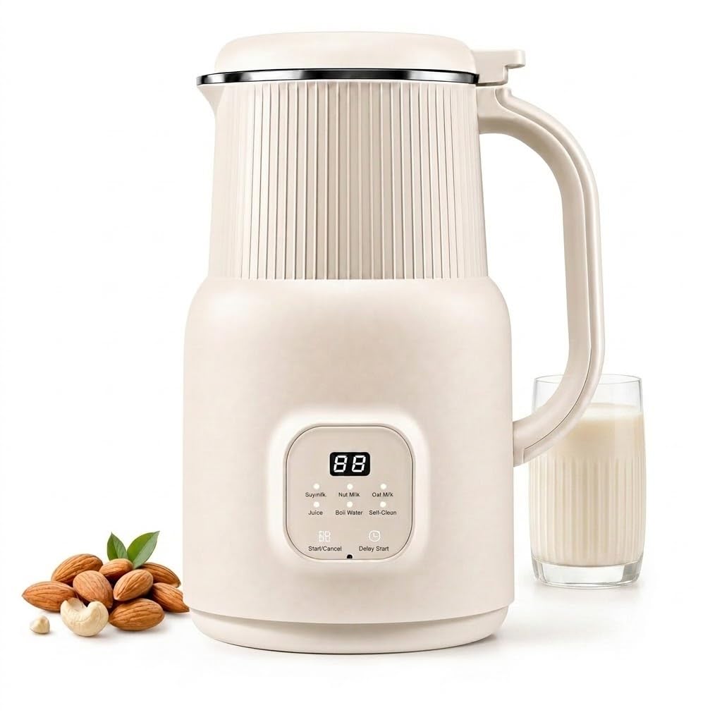 Automatic 6 in 1 Nut Milk Maker Machine 20oz – SUS 304 Stainless Steel Jar, Plant Based Milk for Almond Oat Soy Cashew – BPA Free, Self-Cleaning, Keep Warm, Delay Start, Soups & Juices.